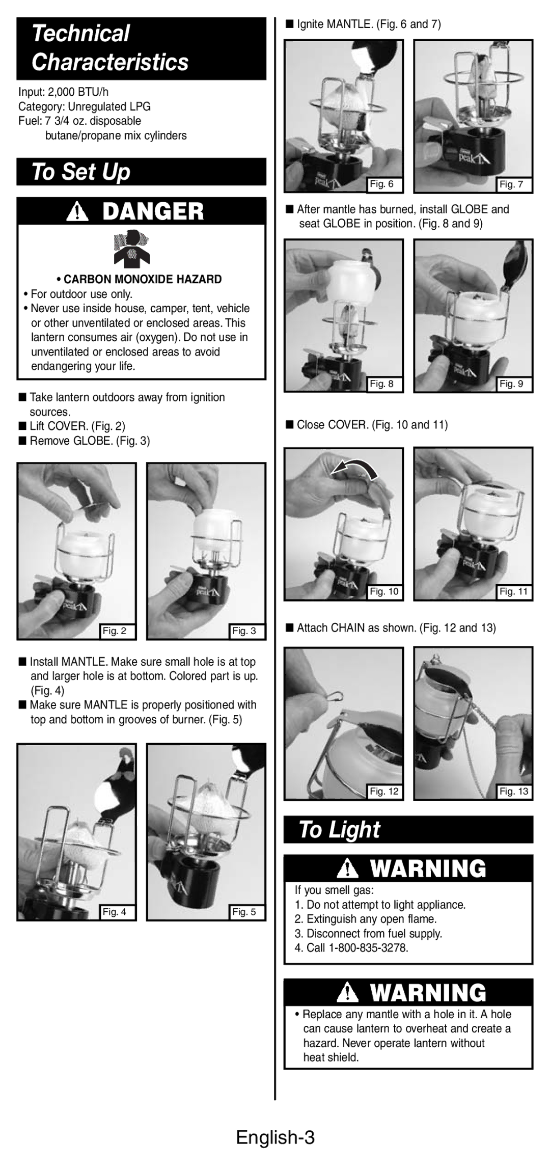 Coleman 3113 manual Technical Characteristics, To Set Up, To Light, English-3, Carbon Monoxide Hazard 