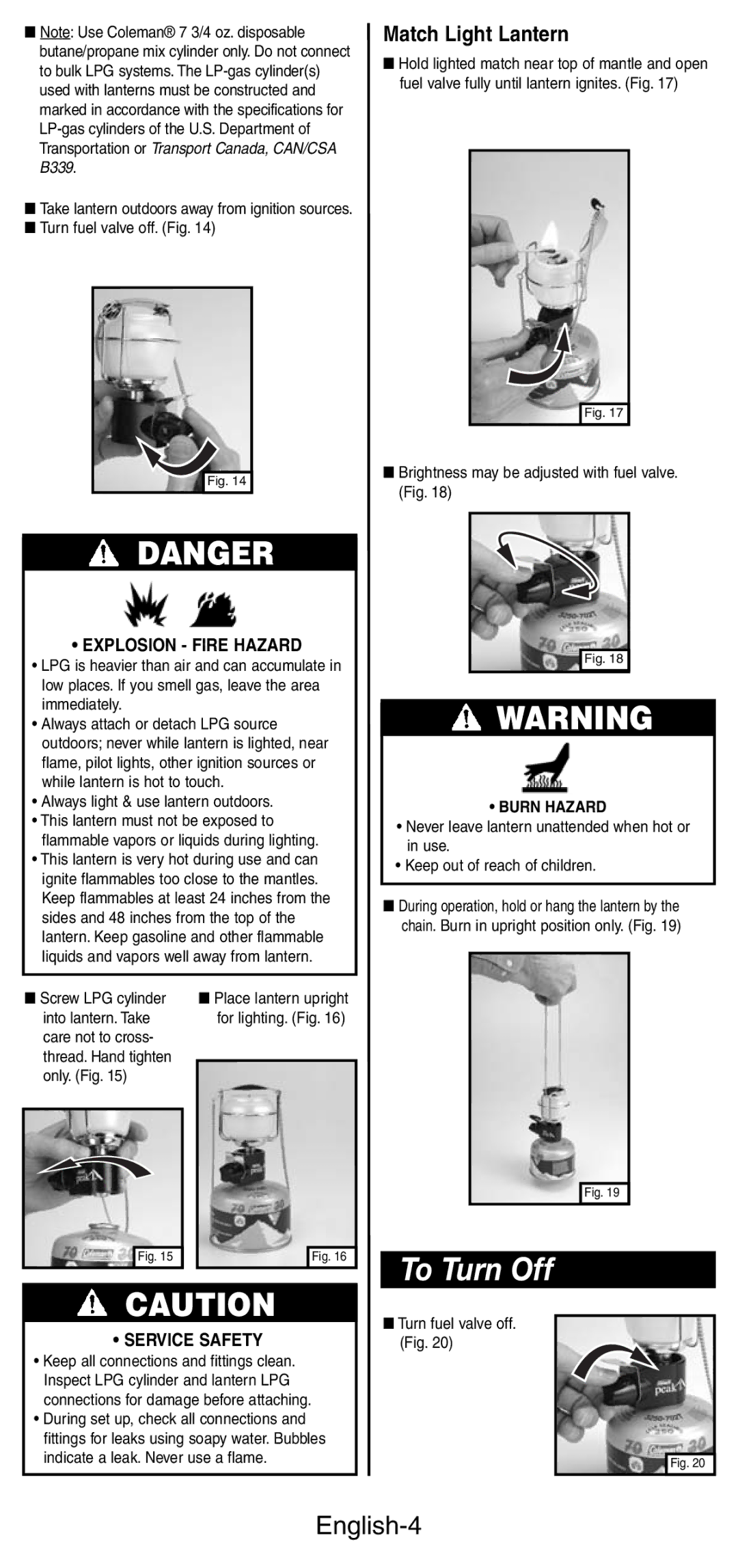 Coleman 3113 manual To Turn Off, English-4, Explosion Fire Hazard 