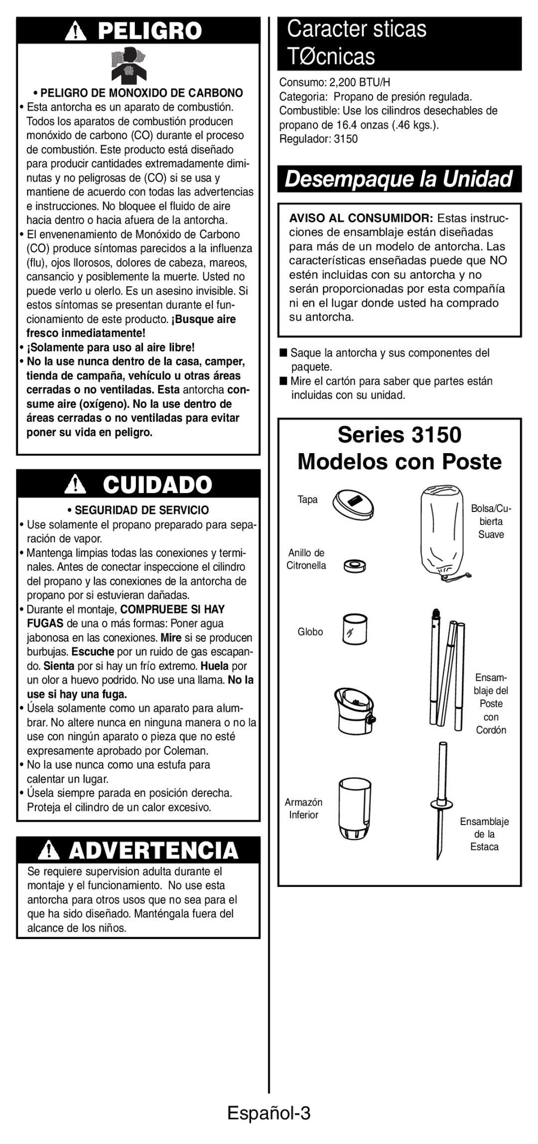 Coleman 3150 manual Características Técnicas, Desempaque la Unidad, Modelos con Poste, Español-3 