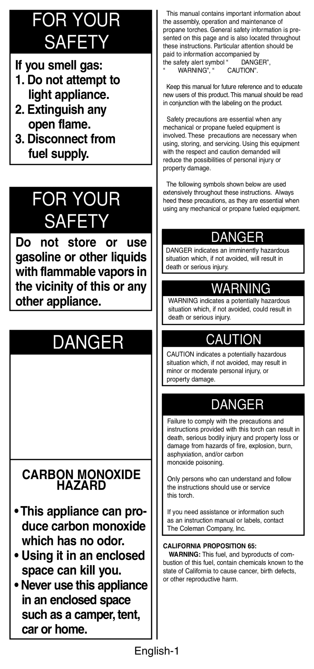 Coleman 3150 manual If you smell gas, English-1, California Proposition 