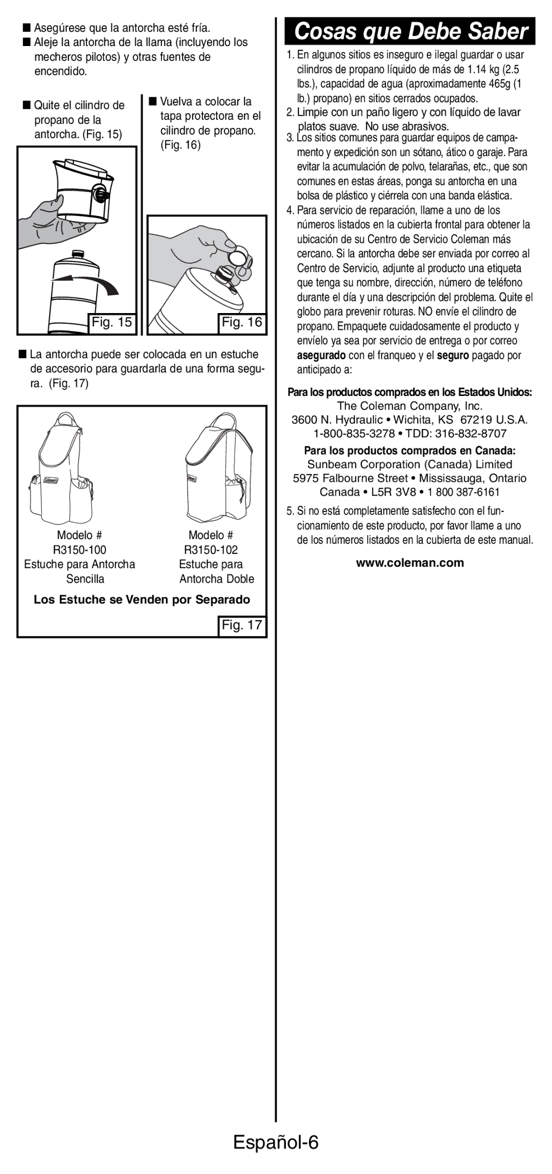 Coleman 3150 manual Cosas que Debe Saber, Español-6, Los Estuche se Venden por Separado, Anticipado a 