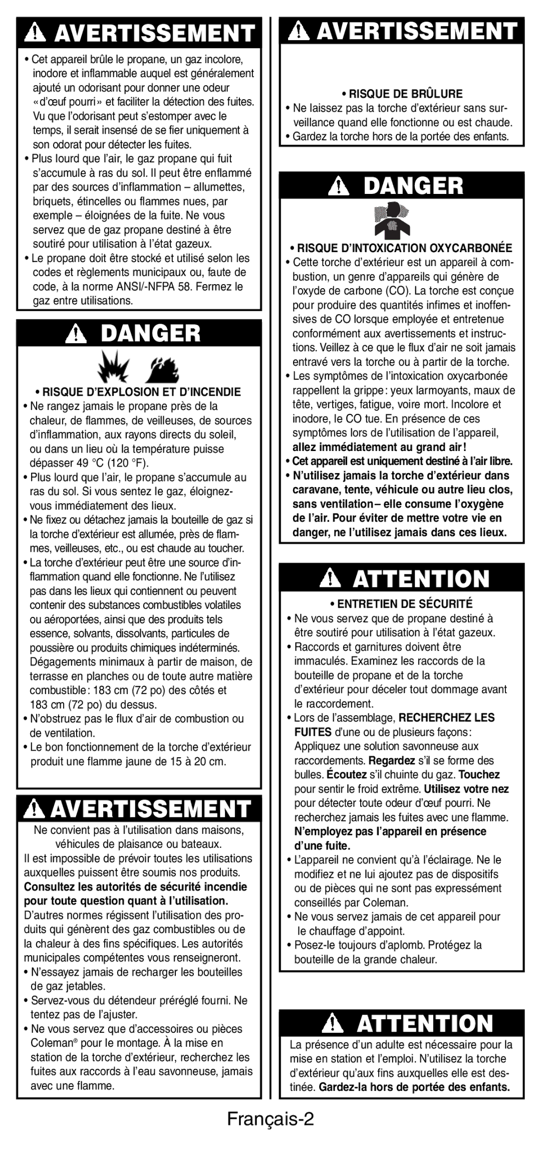 Coleman 3150 manual Français-2, Risque D’EXPLOSION ET D’INCENDIE, Risque DE Brûlure, Risque D’INTOXICATION Oxycarbonée 