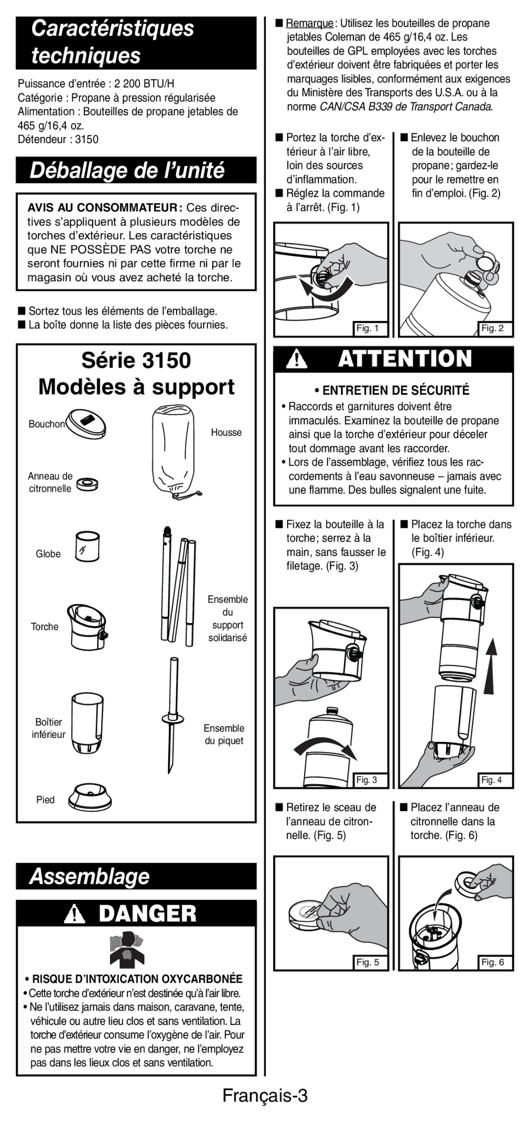 Coleman 3150 manual Déballage de l’unité, Assemblage, Français-3, Entretien DE Sécurité 