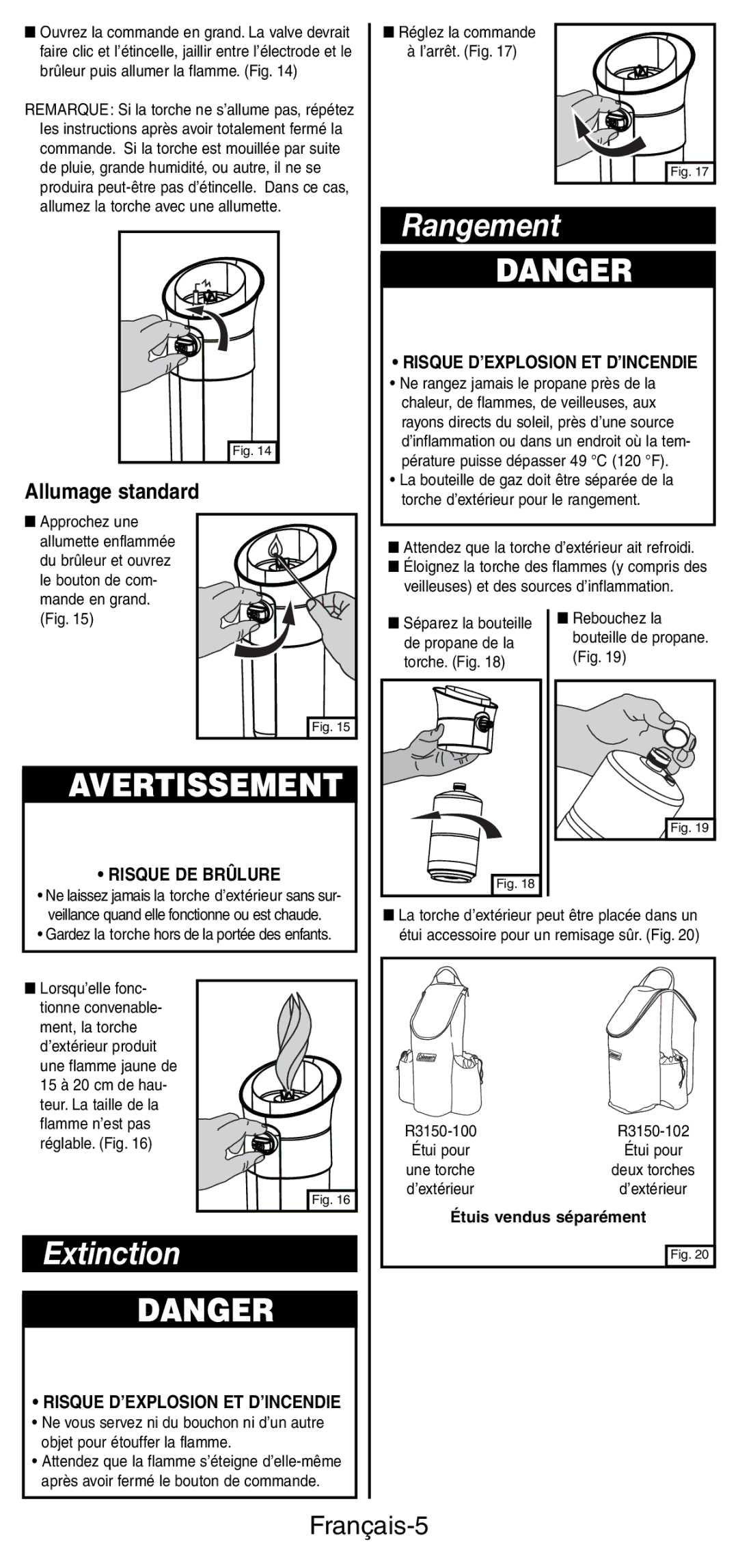 Coleman 3150 manual Rangement, Extinction, Français-5, Risque D’EXPLOSION ET D’INCENDIE, Risque DE Brûlure 