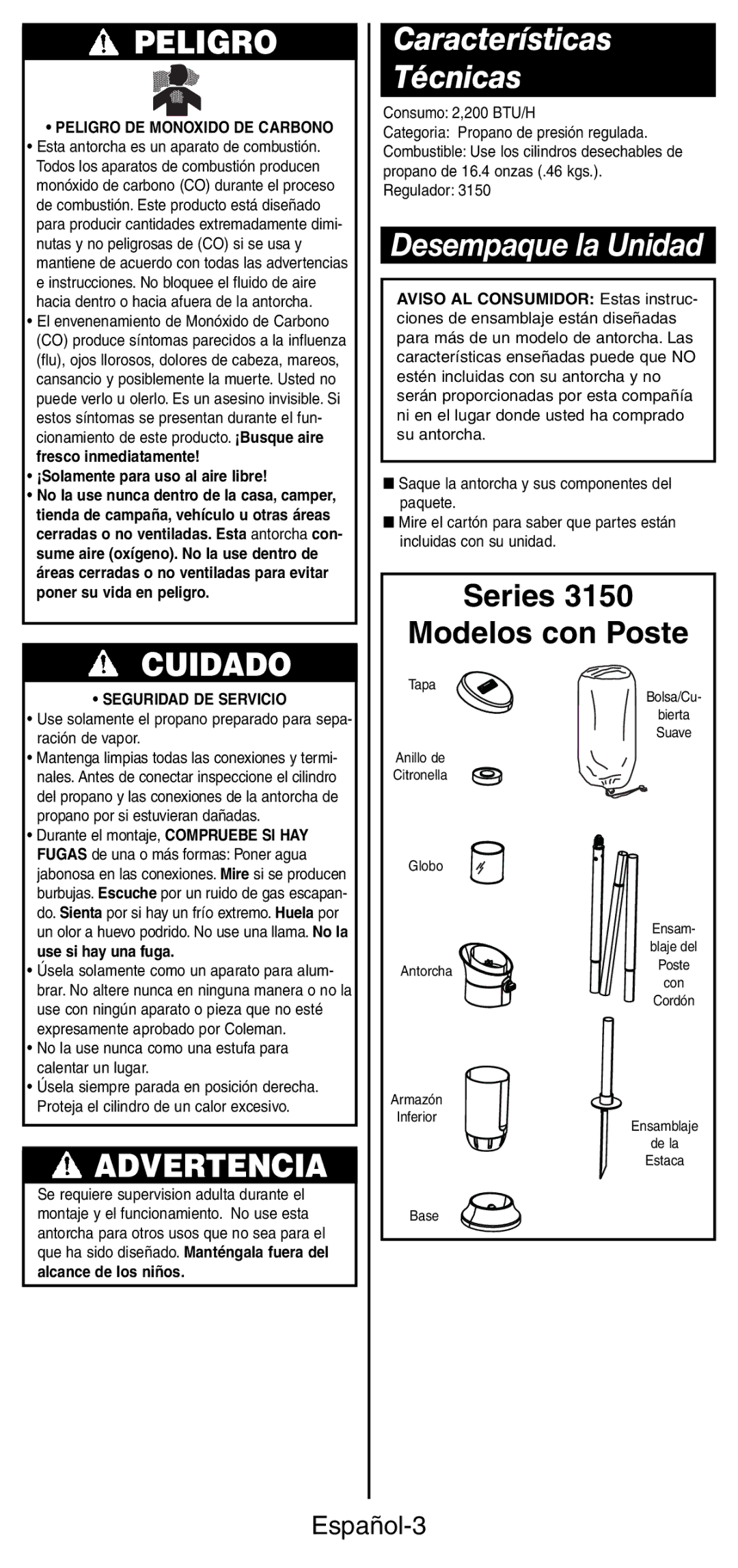 Coleman 3150 manual Características Técnicas, Desempaque la Unidad, Español-3, Peligro DE Monoxido DE Carbono 