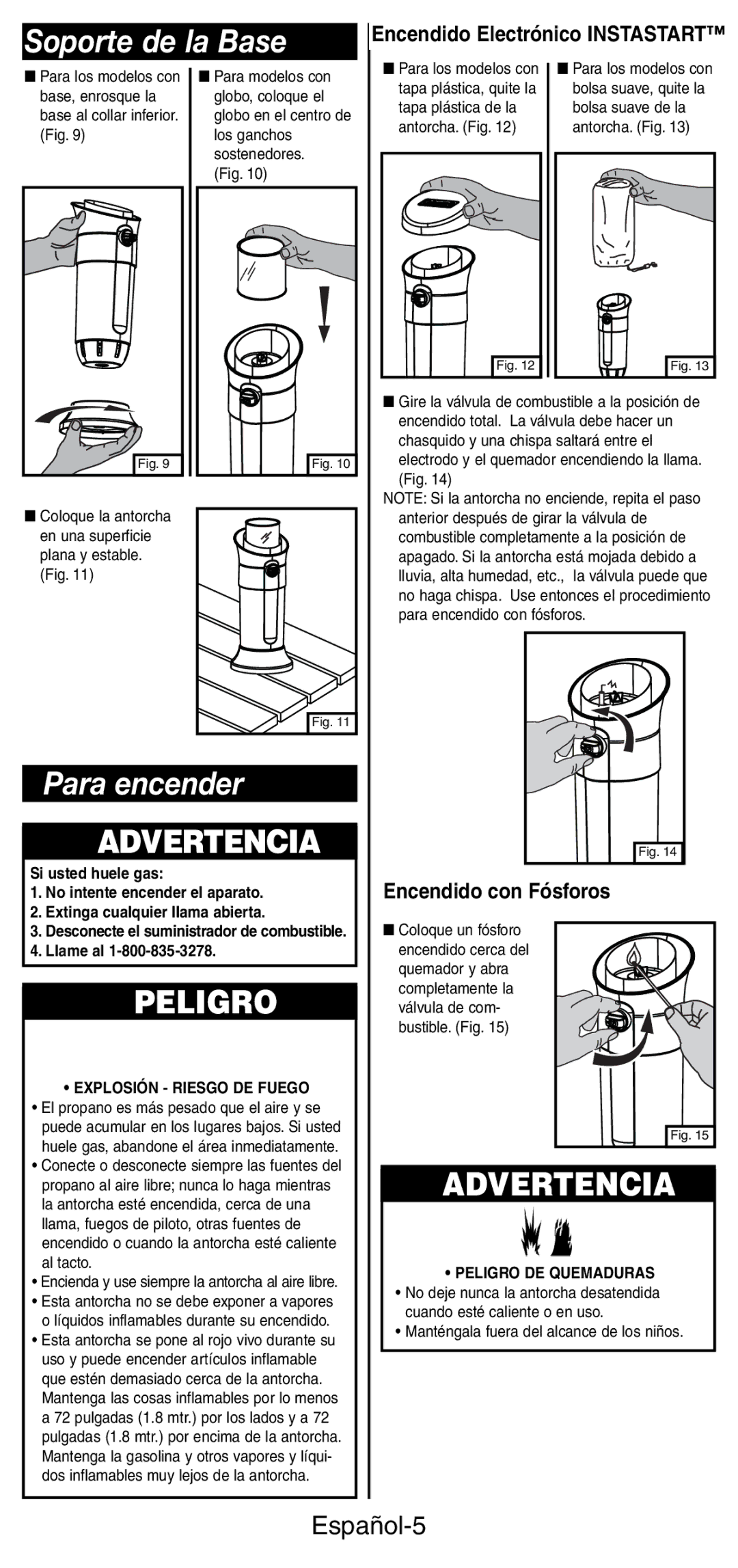 Coleman 3150 manual Soporte de la Base, Para encender, Español-5, Explosión Riesgo DE Fuego 