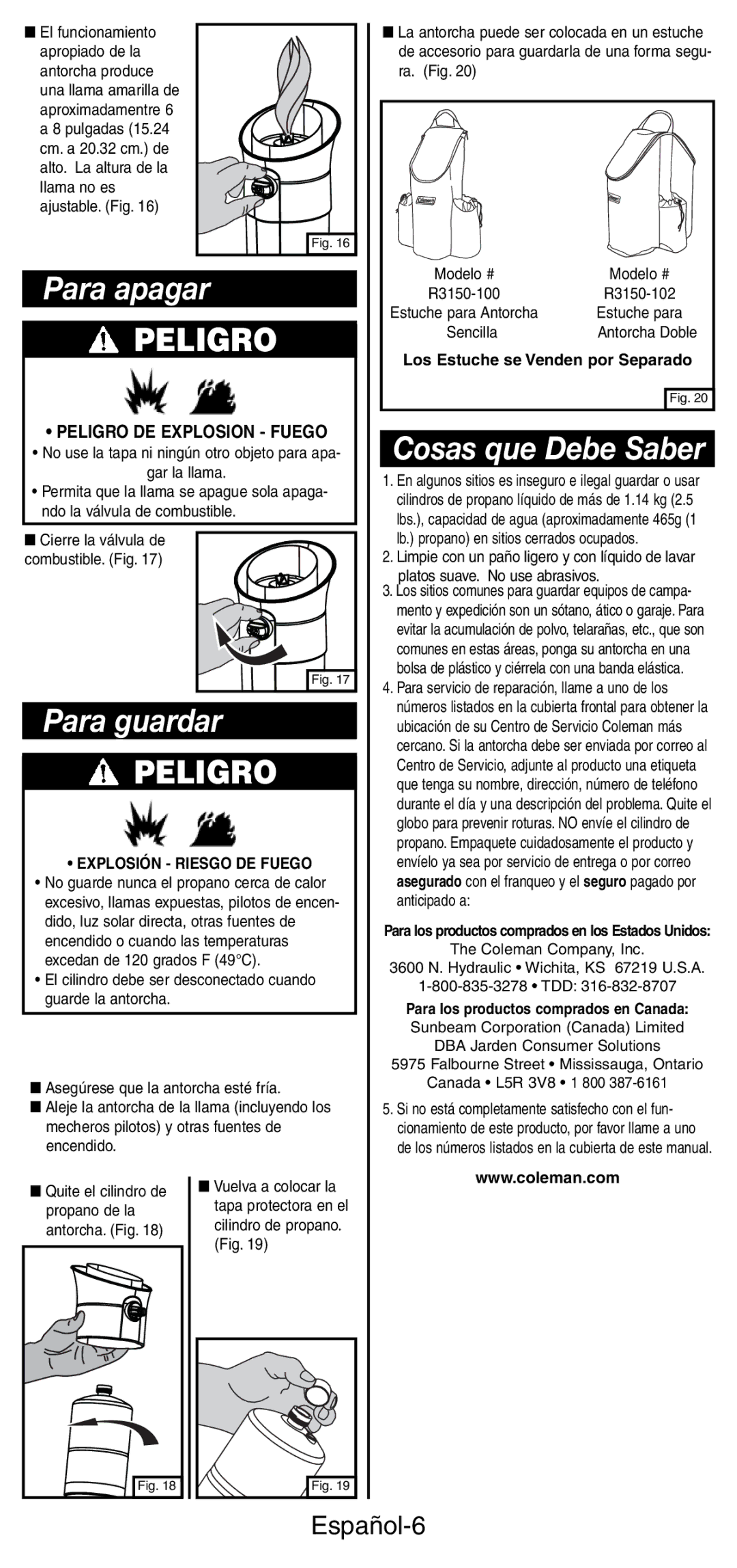 Coleman 3150 manual Para apagar, Cosas que Debe Saber, Para guardar, Español-6, Peligro DE Explosion Fuego 