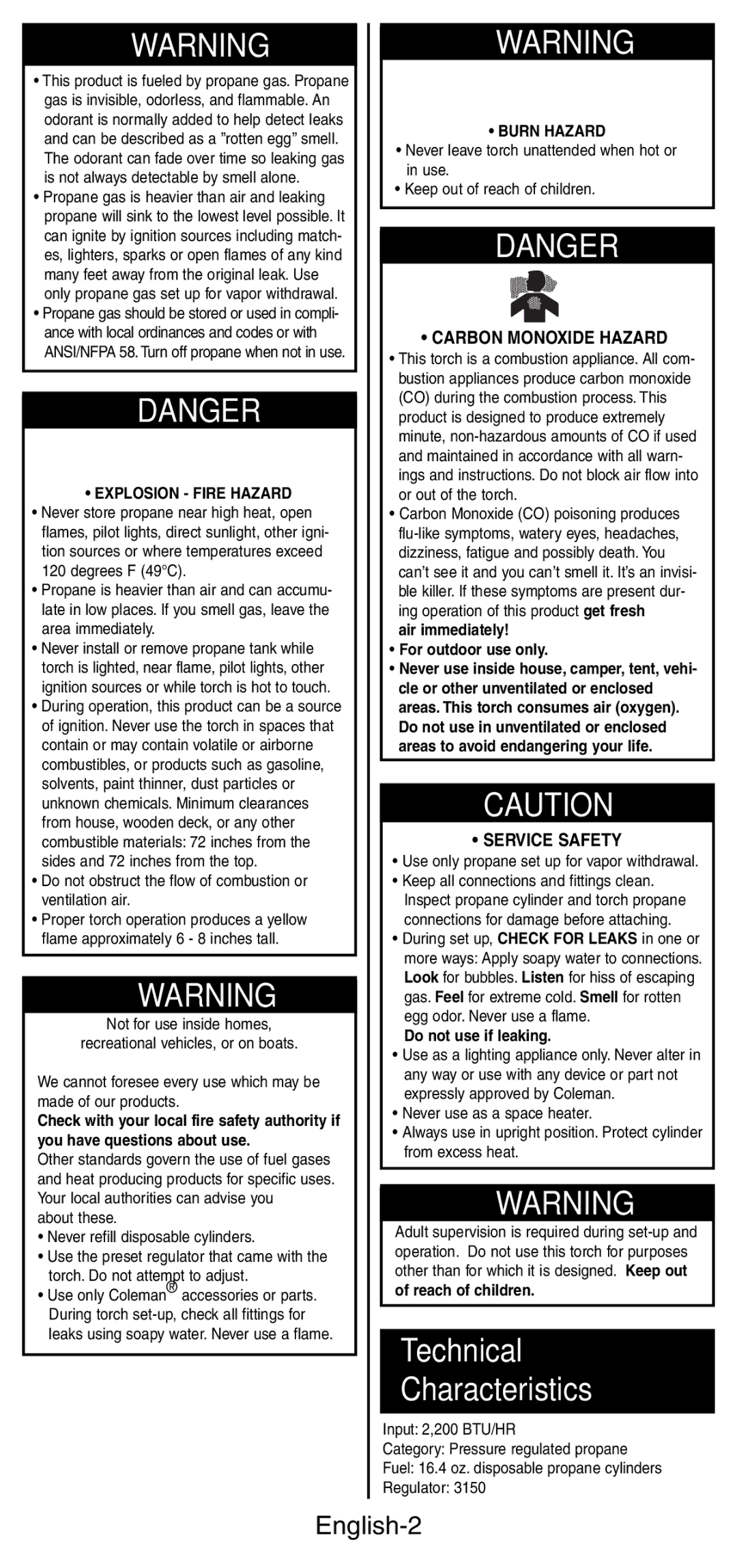 Coleman 3150 manual Technical Characteristics, English-2, Carbon Monoxide Hazard, Service Safety 