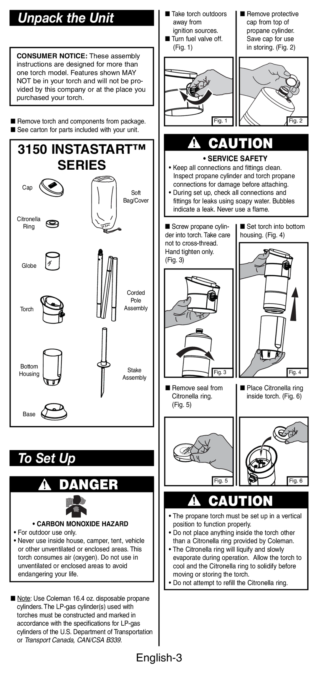 Coleman 3150 manual Unpack the Unit, To Set Up, English-3, Carbon Monoxide Hazard 