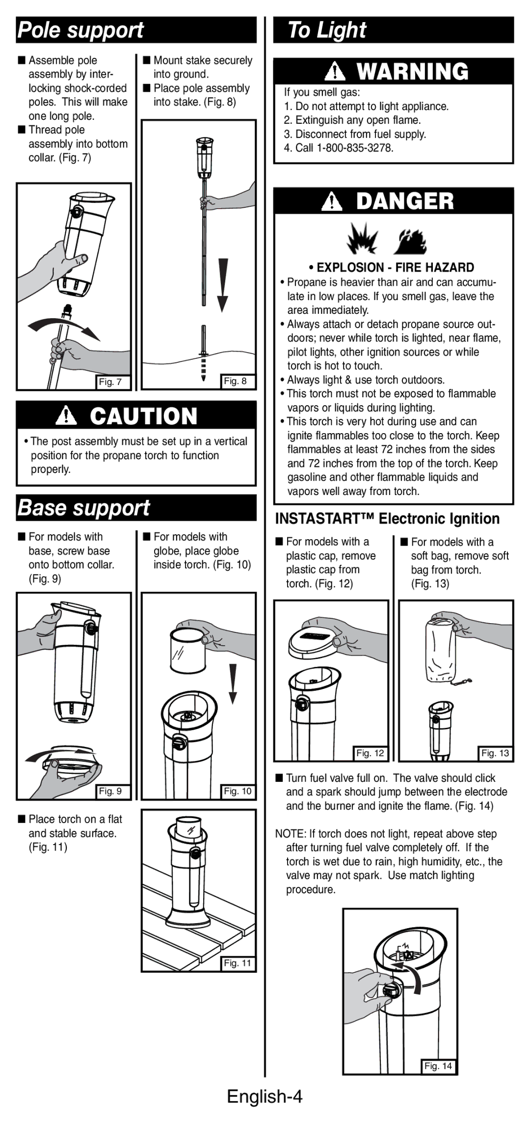 Coleman 3150 manual Pole support To Light, Base support, English-4, Explosion Fire Hazard 