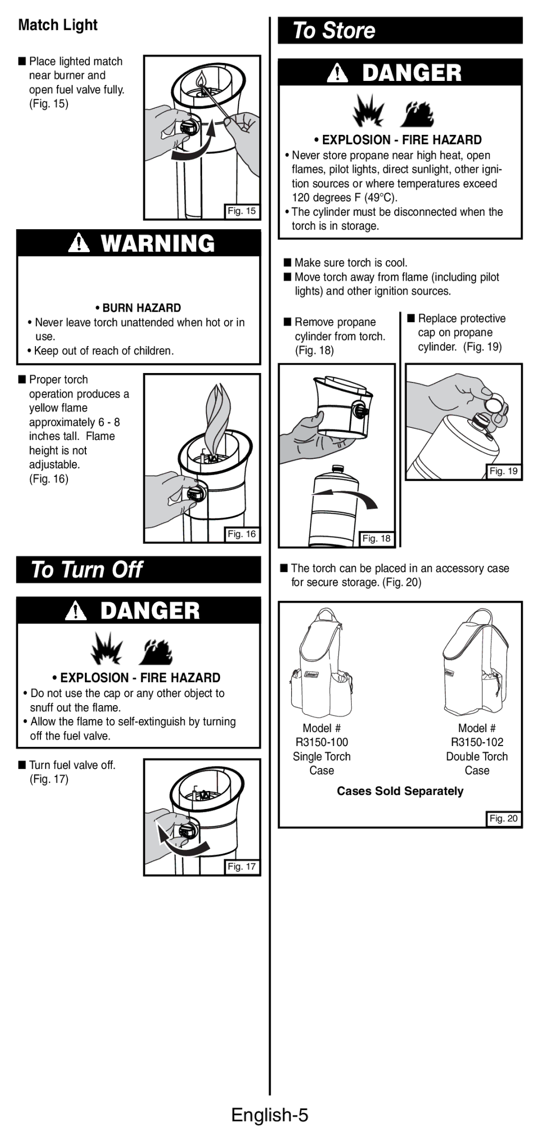 Coleman 3150 manual To Store, To Turn Off, English-5 