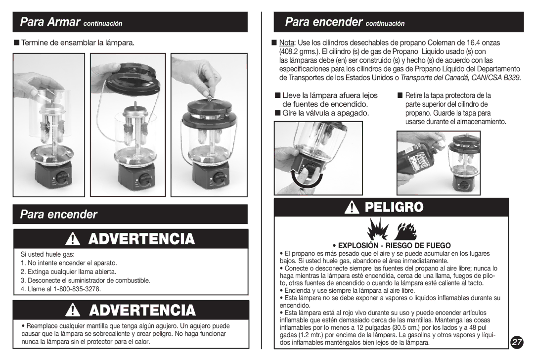 Coleman 4010002738 manual Advertencia, Para encender, Termine de ensamblar la lámpara, Gire la válvula a apagado 