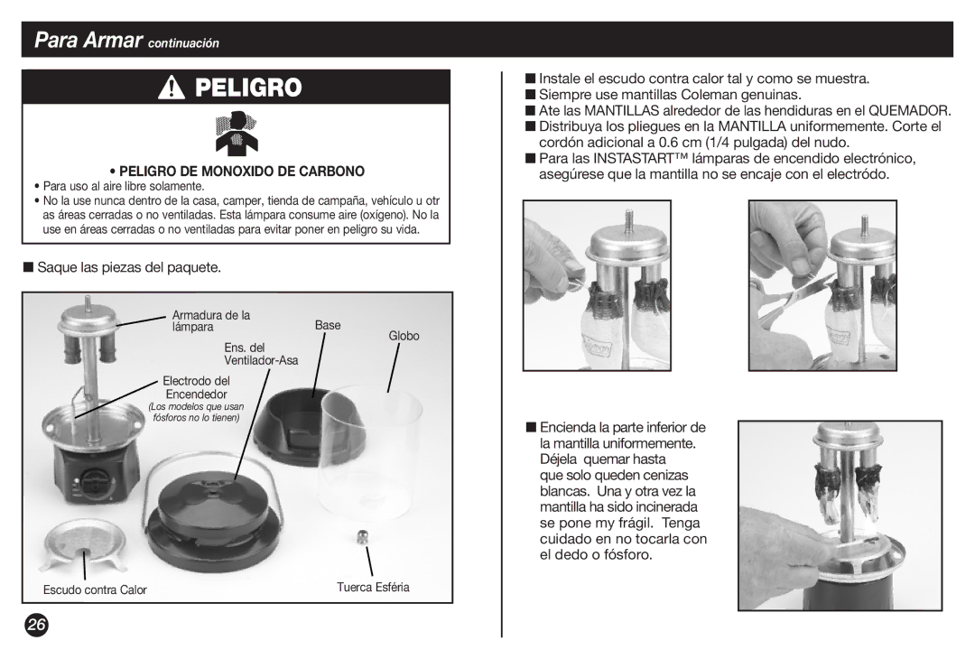 Coleman 4010002738 manual Peligro DE Monoxido DE Carbono, Saque las piezas del paquete, Para uso al aire libre solamente 