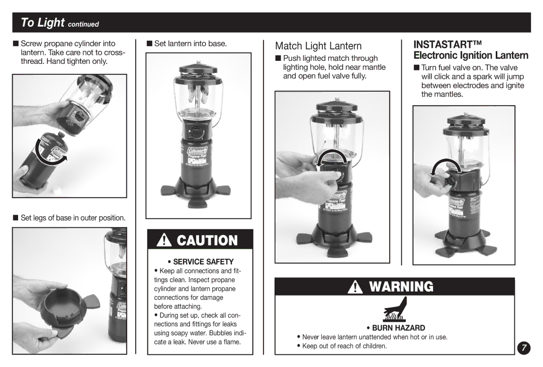 Coleman 4010002738 manual Match Light Lantern, Set legs of base in outer position Set lantern into base 