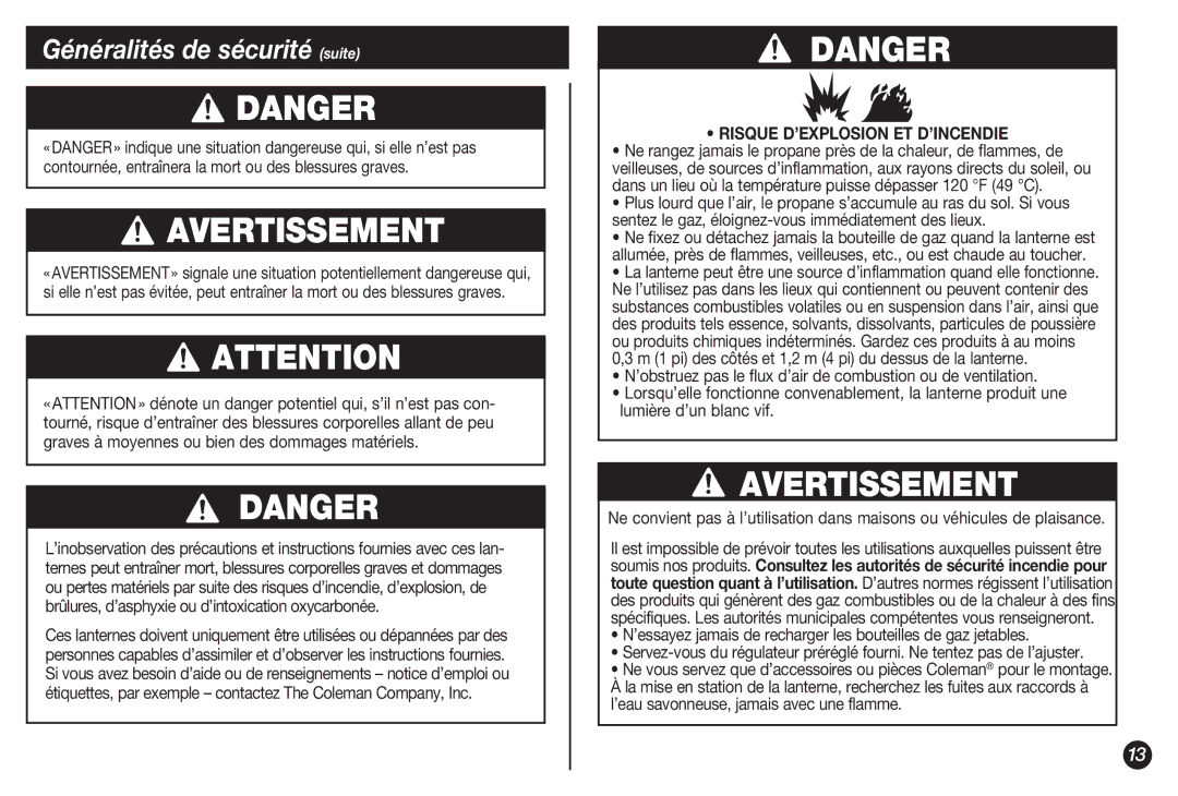 Coleman 4010002738 manual Avertissement, Généralités de sécurité suite, Risque D’EXPLOSION ET D’INCENDIE 