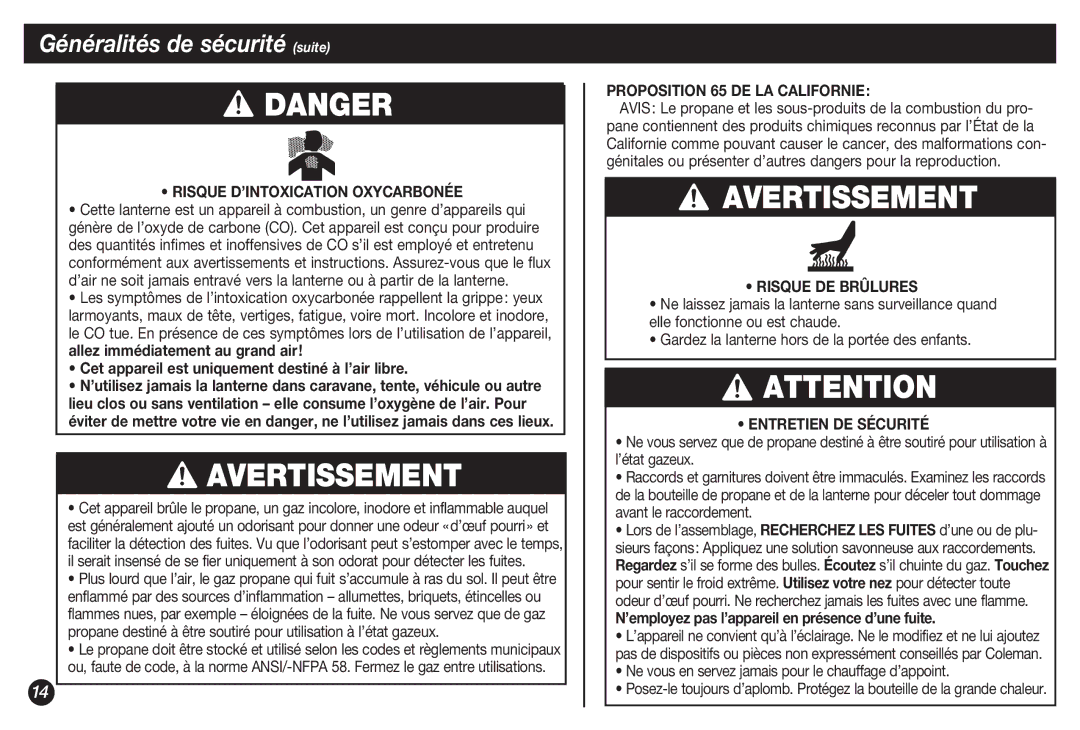 Coleman 4010002738 manual Risque D’INTOXICATION Oxycarbonée, Proposition 65 DE LA Californie, Risque DE Brûlures 