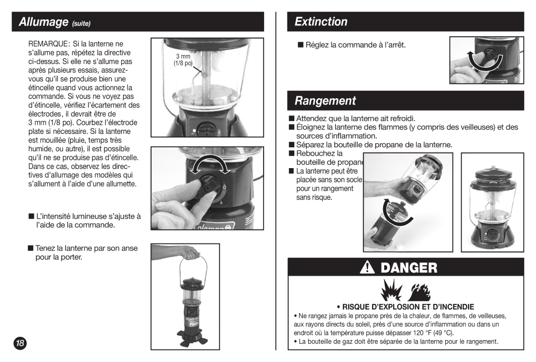 Coleman 4010002738 manual Allumage suite, Extinction, Rangement, Tenez la lanterne par son anse pour la porter 