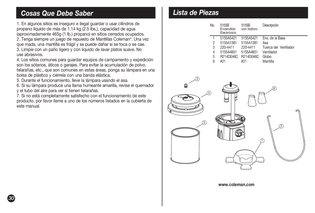 Coleman 4010002738 manual Cosas Que Debe Saber, Lista de Piezas 