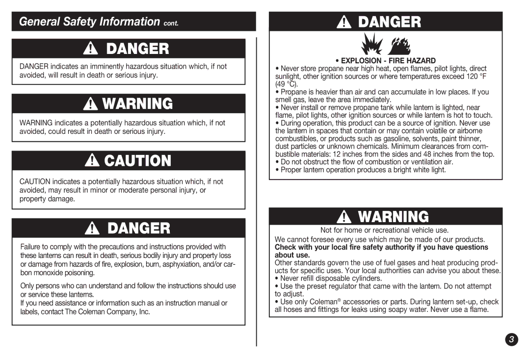 Coleman 4010002738 manual General Safety Information, Explosion Fire Hazard 