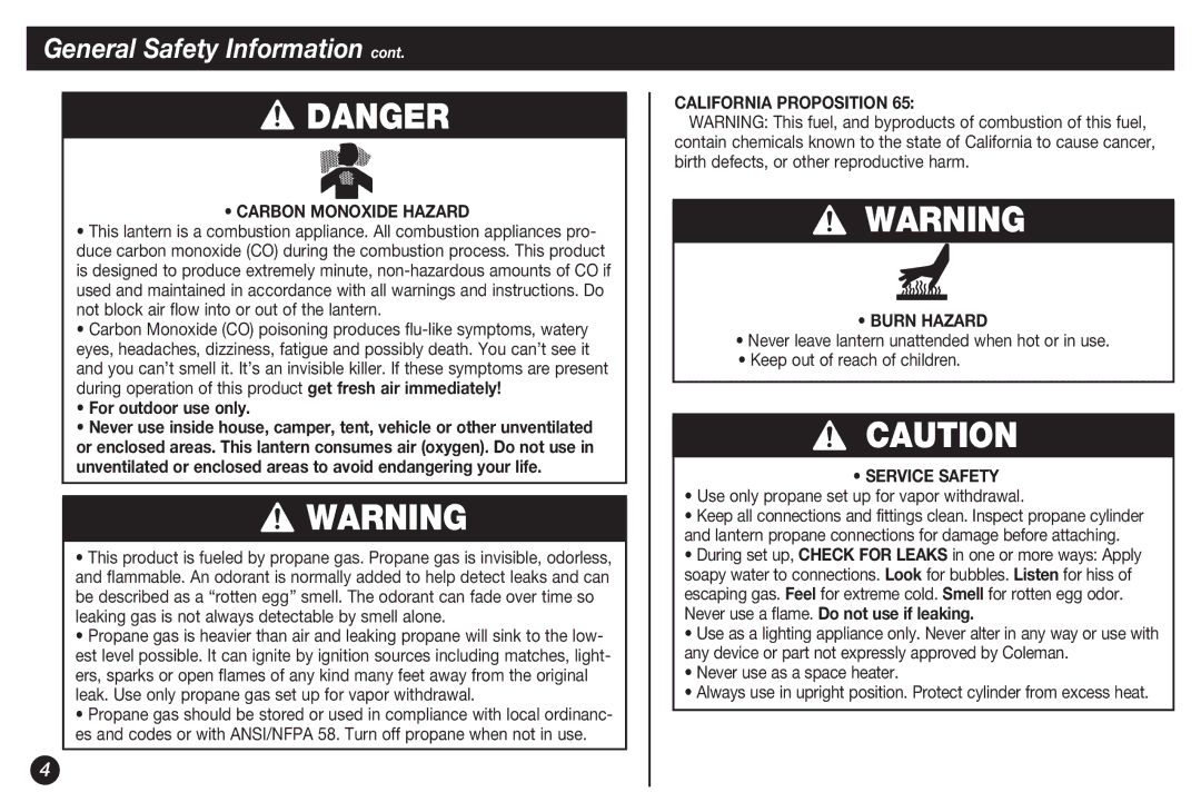 Coleman 4010002738 Carbon Monoxide Hazard, California Proposition Burn Hazard, Service Safety, Never use as a space heater 