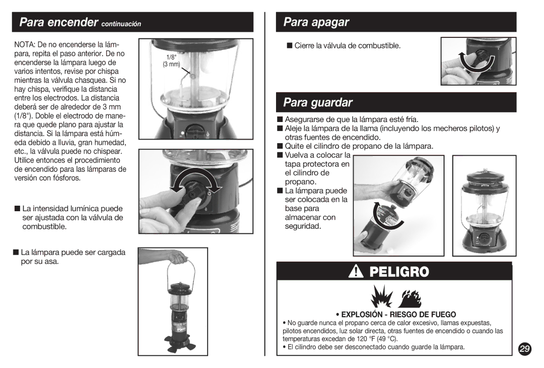 Coleman 4010002738 manual Para encender continuación, Para apagar, Para guardar, Cierre la válvula de combustible 