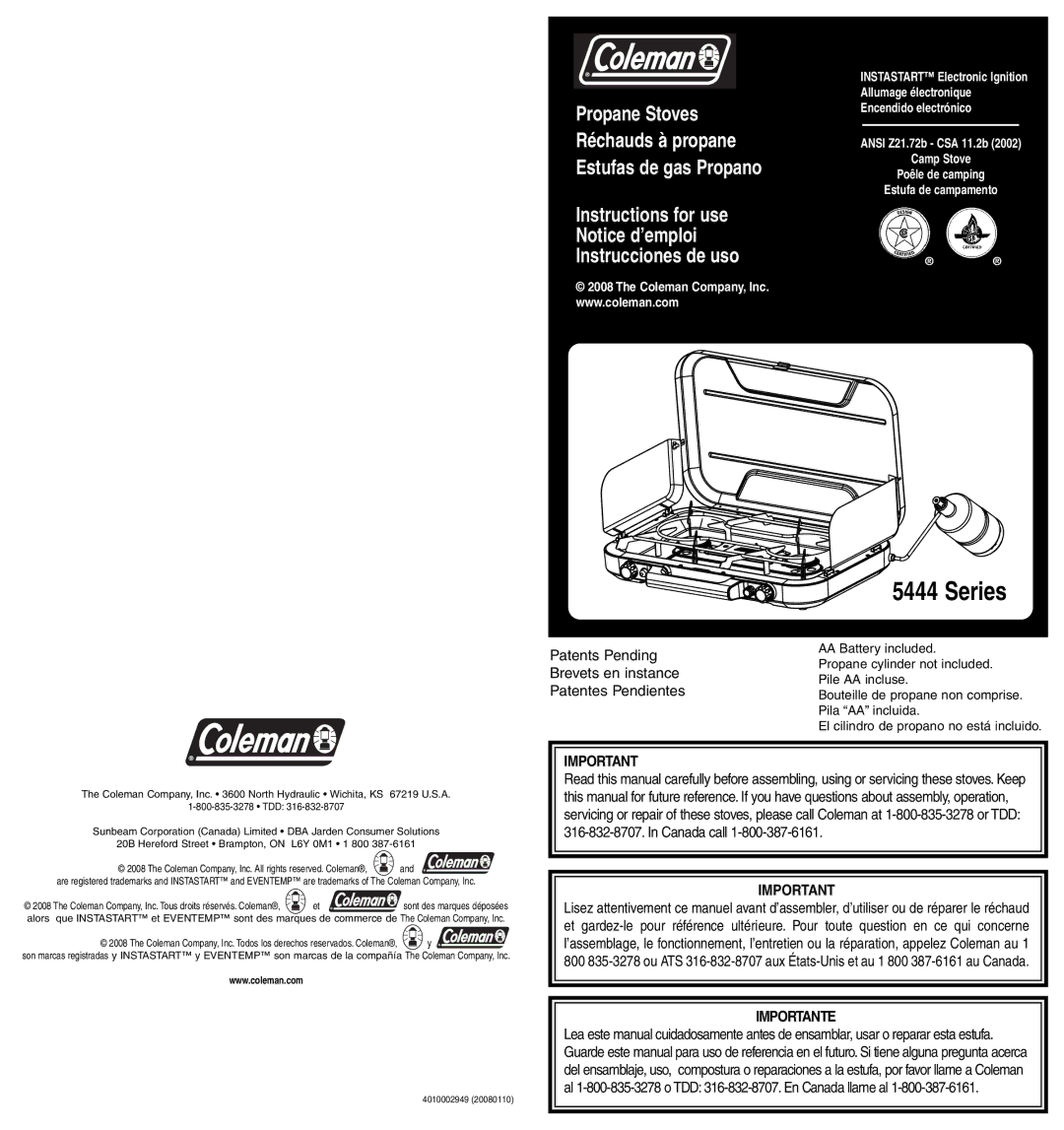 Coleman 4010002949 manual Series 