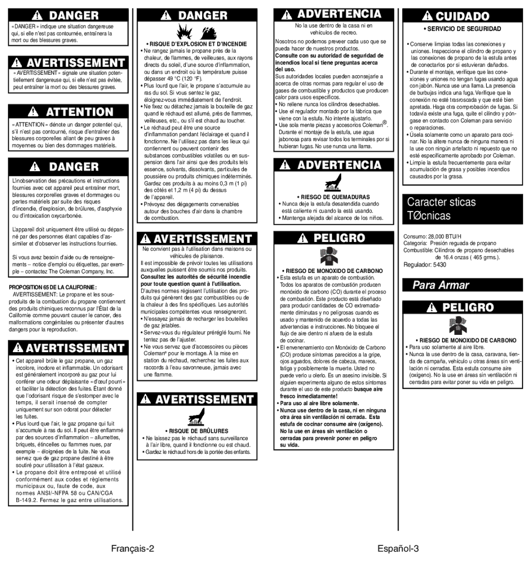 Coleman 4010002949 manual Avertissement, Características Técnicas, Para Armar, Français-2 Español-3 