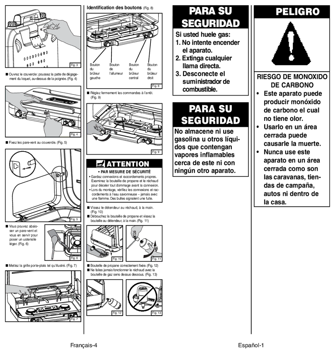 Coleman 4010002949 manual Para SU Seguridad, Peligro, DE Carbono, Français-4 Español-1, Identification des boutons Fig 