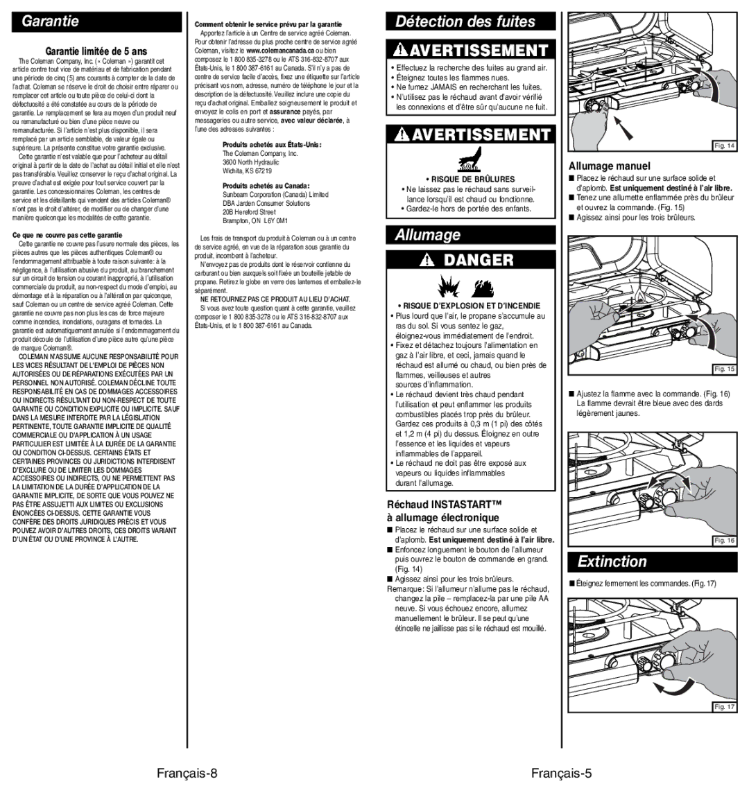 Coleman 4010002949 manual Détection des fuites, Allumage, Extinction, Garantie, Français-8 Français-5 