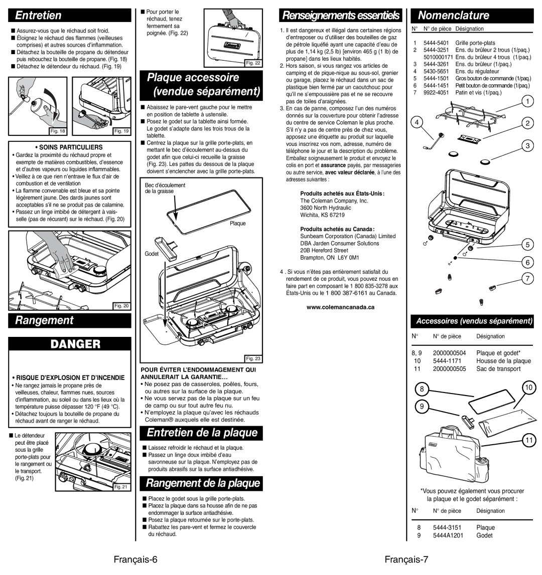 Coleman 4010002949 manual Entretien, Plaque accessoire, Vendue séparément, Rangement, Nomenclature 