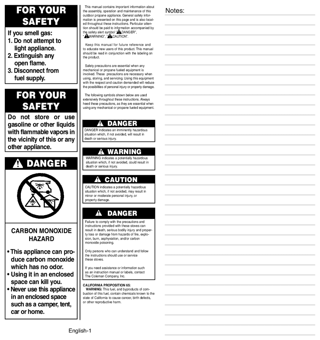 Coleman 4010002949 manual For Your Safety, Carbon Monoxide Hazard, English-1, California Proposition 