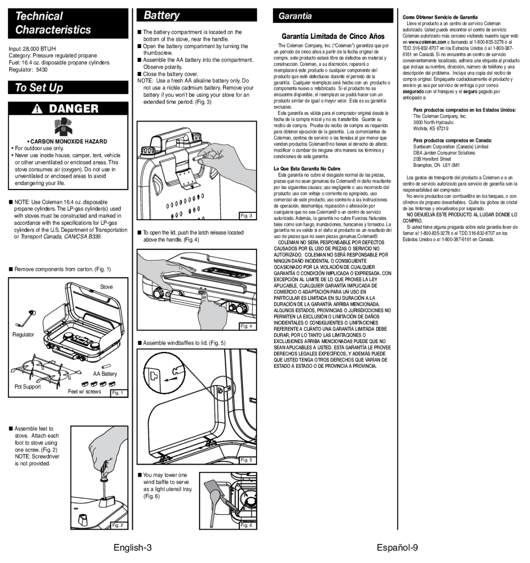 Coleman 4010002949 manual Technical Characteristics, To Set Up, Battery, Garantia, English-3 Español-9 