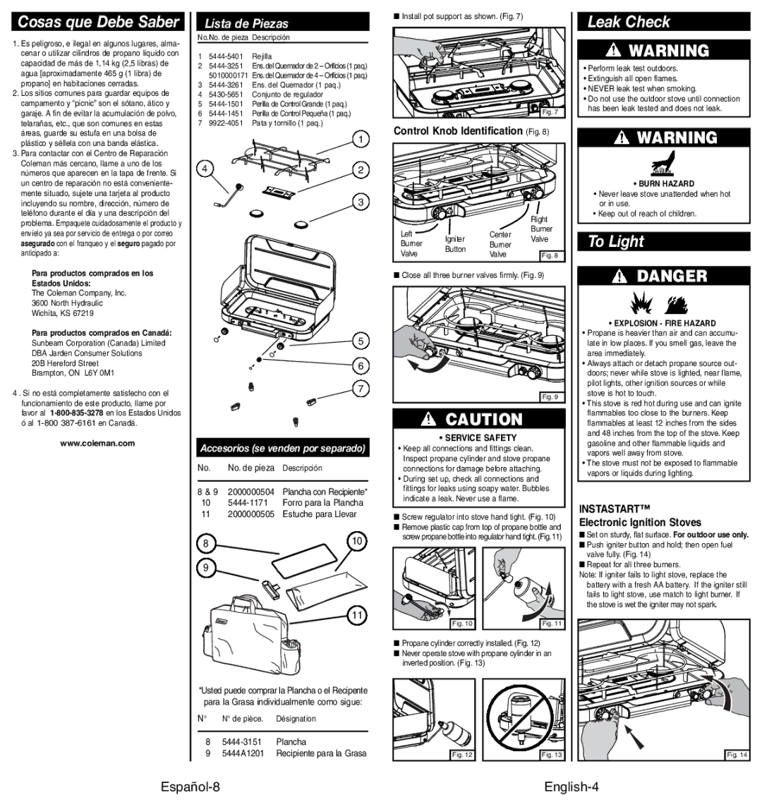 Coleman 4010002949 manual Cosas que Debe Saber, Leak Check, To Light, Lista de Piezas, Español-8 English-4 