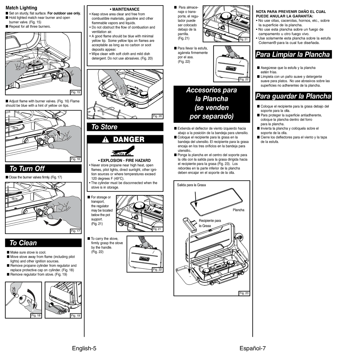 Coleman 4010002949 manual Para Limpiar la Plancha, To Turn Off, To Clean, To Store, Accesorios para 