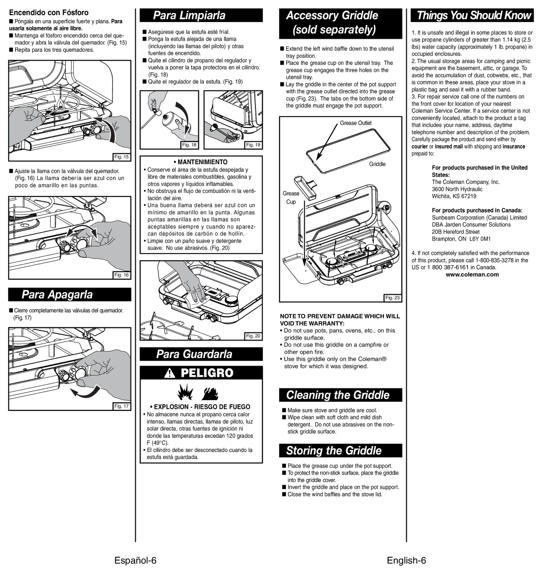 Coleman 4010002949 manual Para Apagarla, Para Limpiarla, Para Guardarla, Cleaning the Griddle, Storing the Griddle 