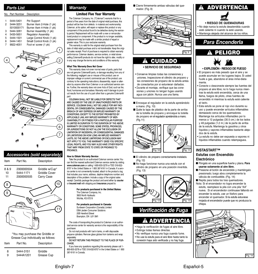 Coleman 4010002949 manual Cuidado, Advertencia, Para Encenderla, Verificación de Fuga 