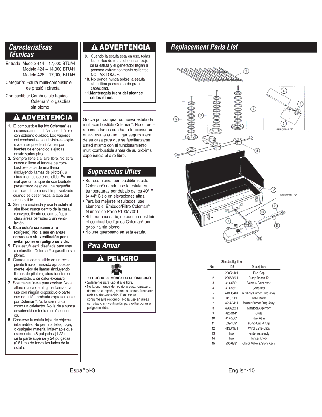 Coleman 4010003804 Características Técnicas, Sugerencias Útiles, Para Armar, Peligro DE Monoxido DE Carbono 