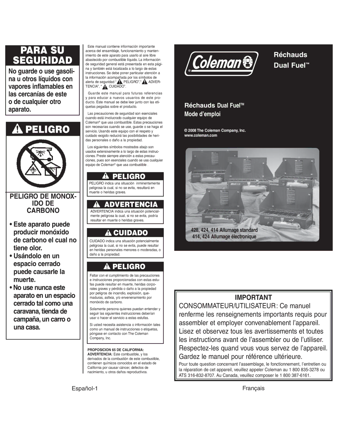 Coleman 4010003804 instruction manual Alerta de seguridad PELIGRO, Adver, TENCIA, Cuidado 