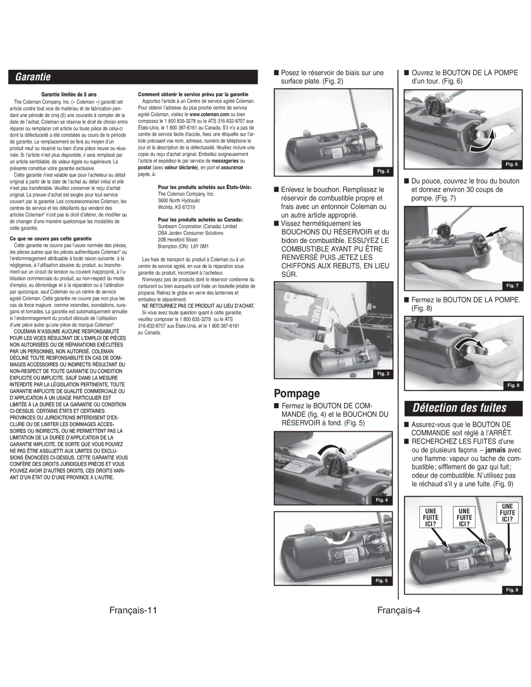 Coleman 4010003804 instruction manual Pompage, Garantie 