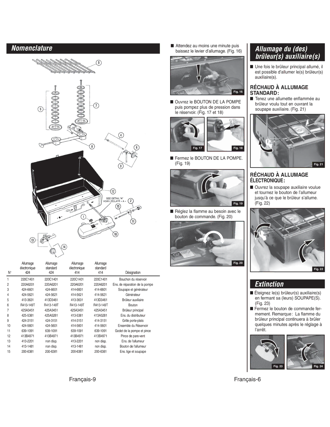 Coleman 4010003804 instruction manual Extinction, Allumage du des brûleurs auxiliaires 