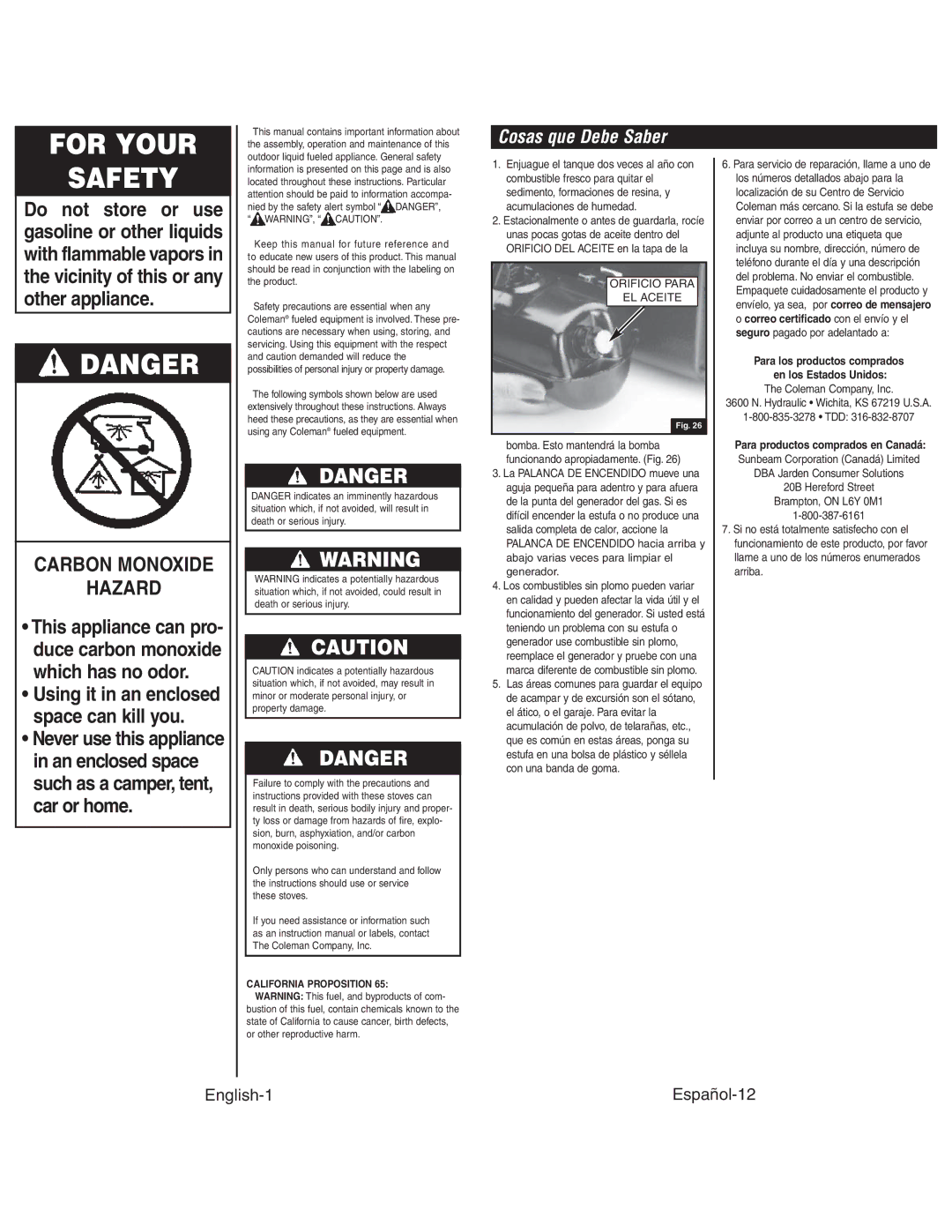 Coleman 4010003804 instruction manual Cosas que Debe Saber, California Proposition, Orificio Para, EL Aceite 