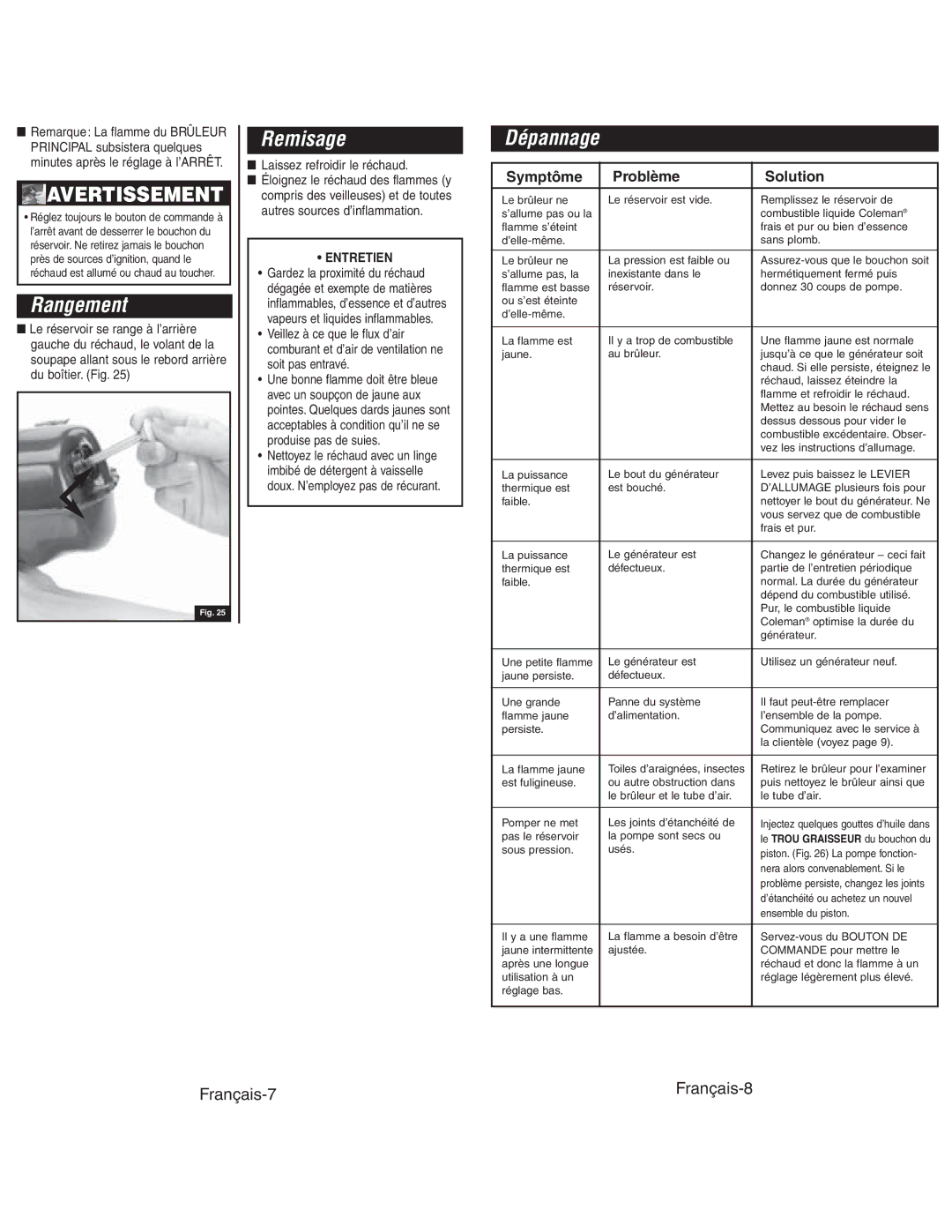 Coleman 4010003804 instruction manual Rangement, Remisage, Dépannage 