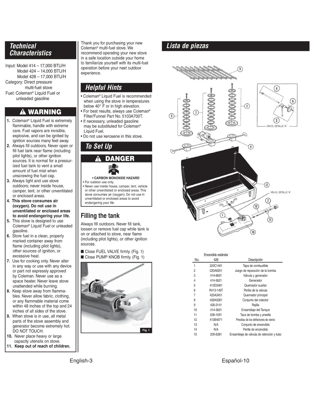 Coleman 4010003804 Technical Characteristics, Helpful Hints, To Set Up, Filling the tank, Lista de piezas 