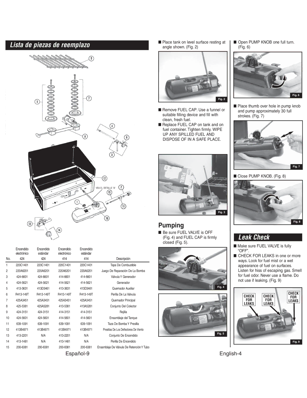 Coleman 4010003804 instruction manual Lista de piezas de reemplazo, Pumping, Encendido, Electrónico 