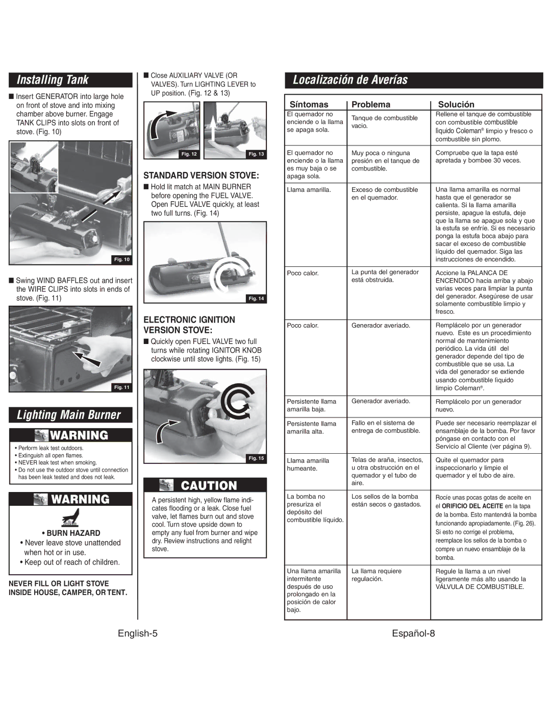 Coleman 4010003804 instruction manual Installing Tank, Lighting Main Burner, Localización de Averías, Burn Hazard 