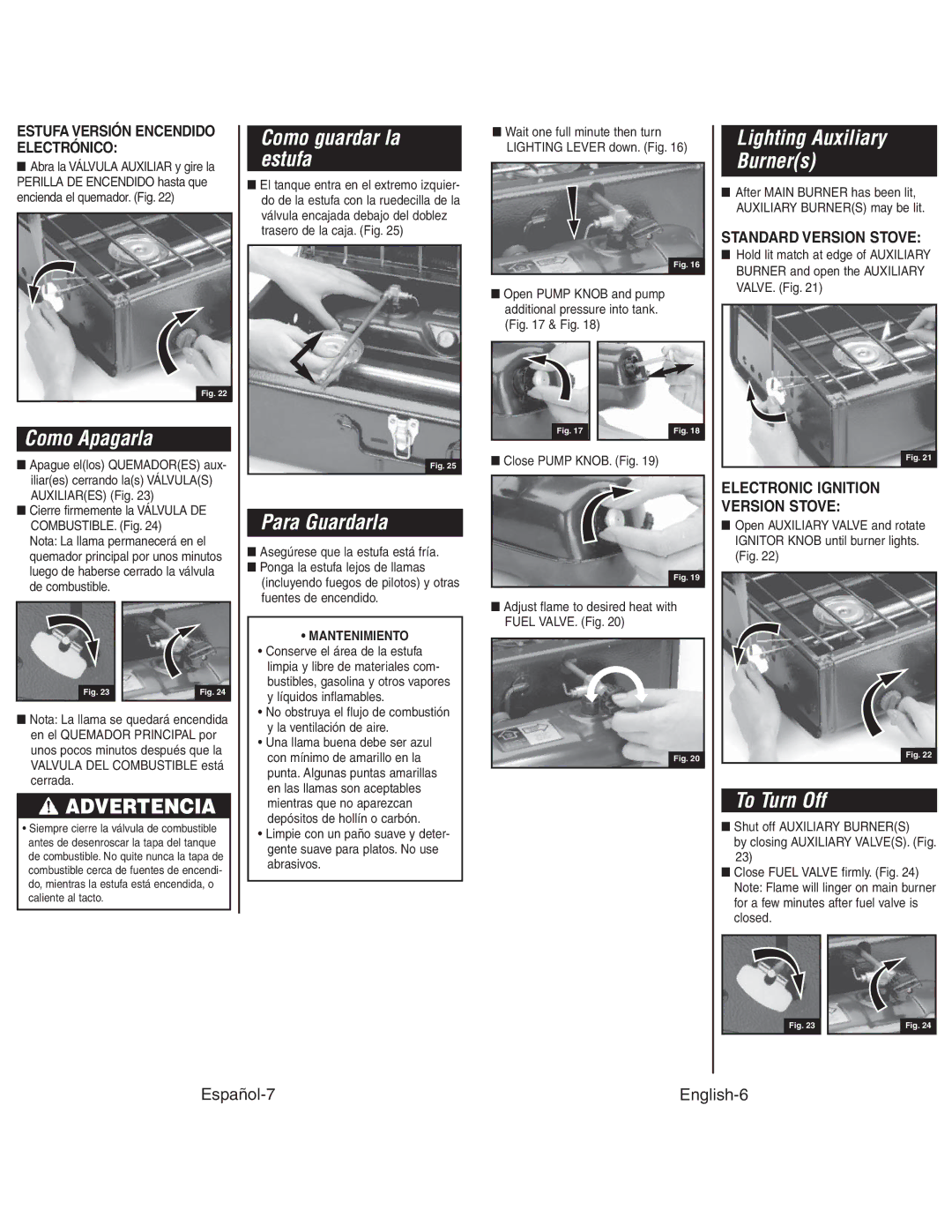 Coleman 4010003804 Como Apagarla, Como guardar la estufa, Para Guardarla, Lighting Auxiliary Burners, To Turn Off 