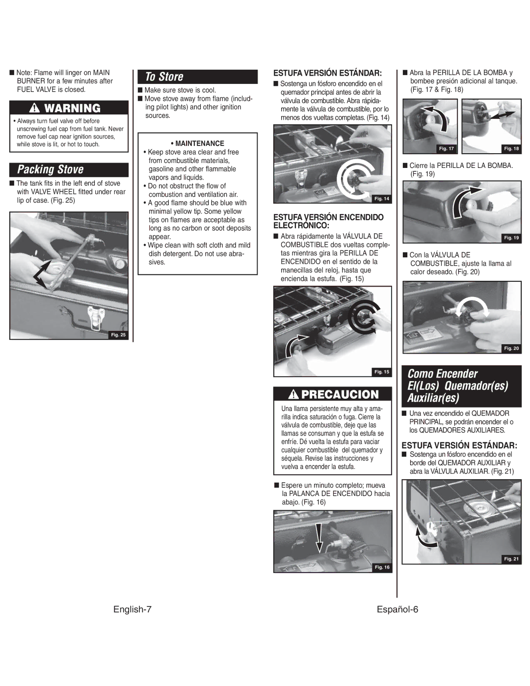 Coleman 4010003804 instruction manual Packing Stove, To Store, Precaucion, Como Encender ElLos Quemadores Auxiliares 