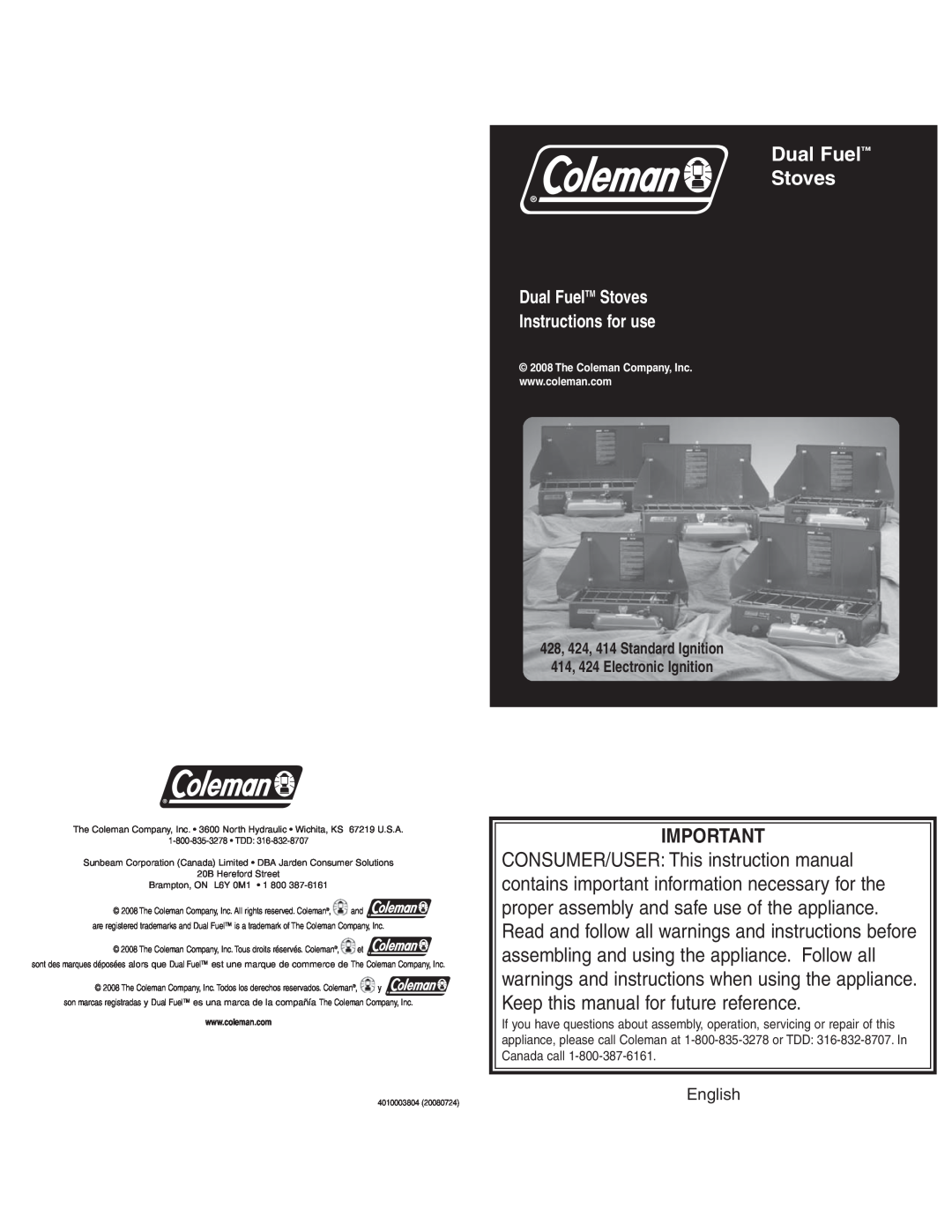 Coleman 4010003804 instruction manual Dual Fuel Stoves, Dual FuelTM Stoves Instructions for use, English 
