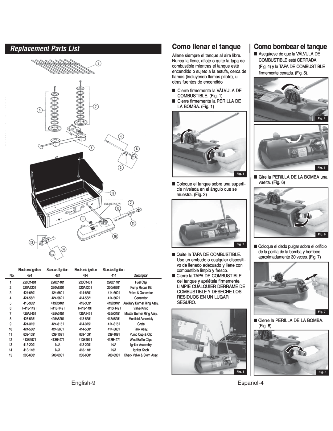 Coleman 4010003804 Replacement Parts List, Como llenar el tanque, Como bombear el tanque, English-9, Español-4 