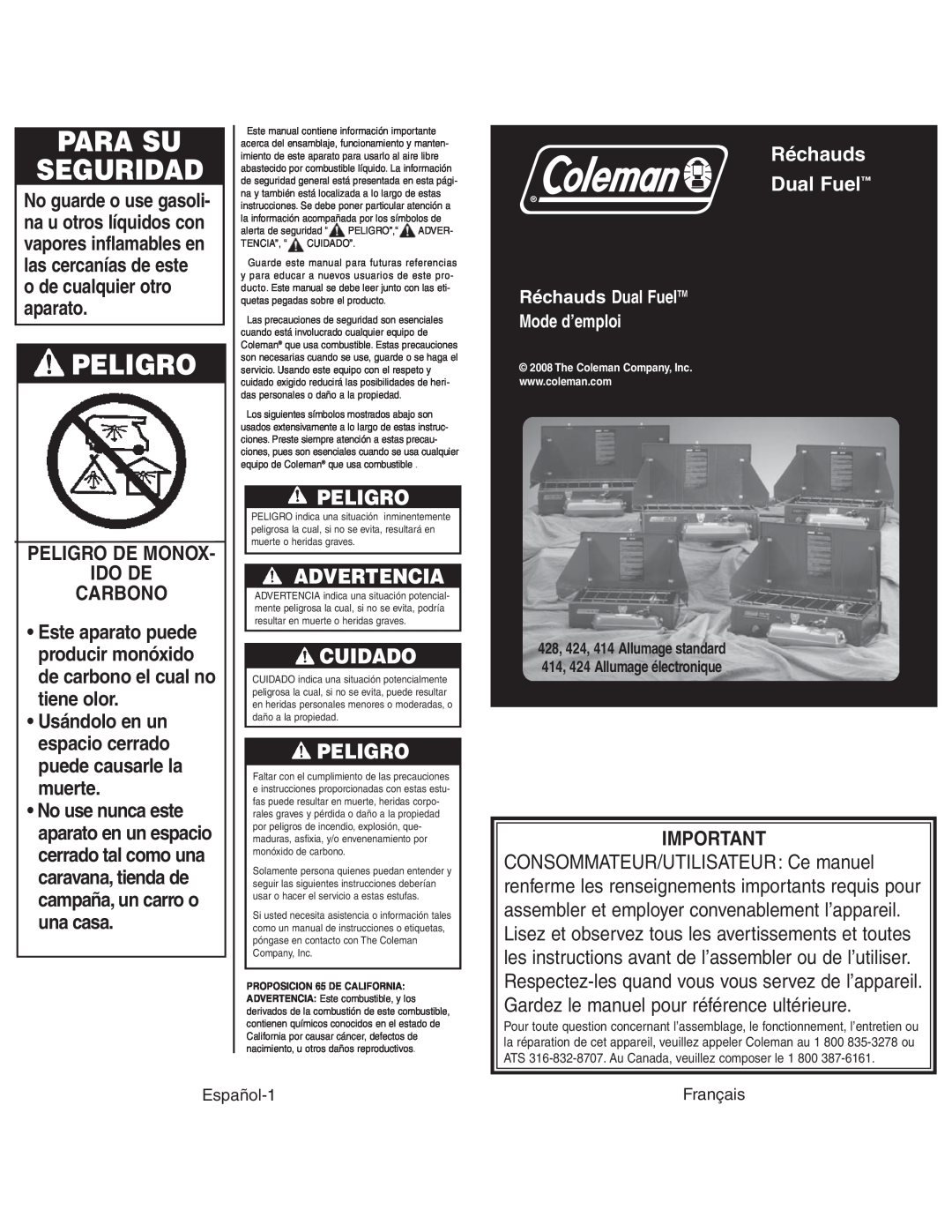 Coleman 4010003804 Para Su Seguridad, Peligro De Monox Ido De Carbono, Réchauds Dual Fuel, Advertencia, Cuidado 